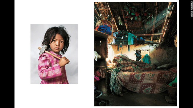 Phòng ngủ của bé Indira, & tuổi ở Kathmandu, Nepal - một căn phòng tồi tàn và lộn xộn. 
