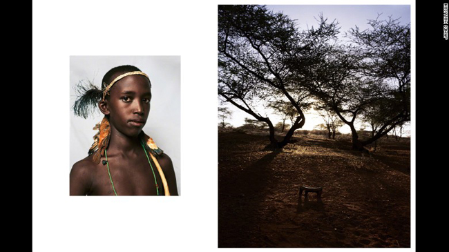 Phòng ngủ của Irkena, 14 tuổi ở sa mạc Kaisut, Kenya. Chỉ có một thanh gỗ dùng làm gỗi dưới vòm cây.
