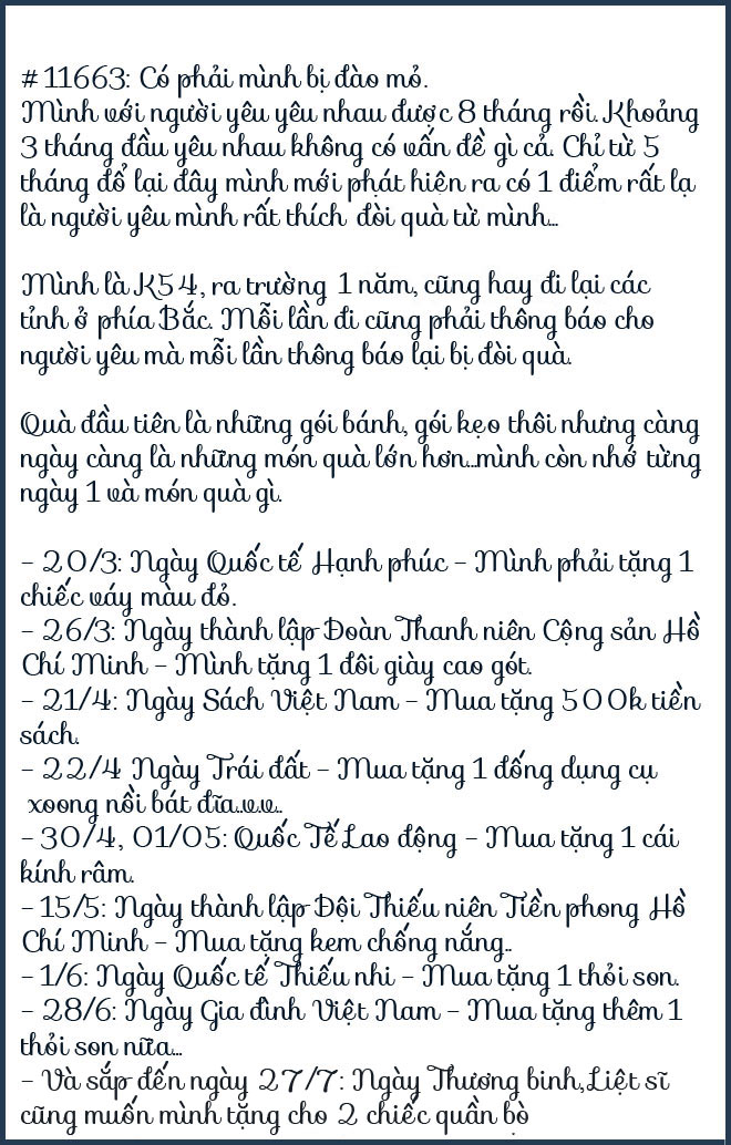 Chàng trai hoang mang yêu phải nàng amp;#34;đào mỏamp;#34; vì ngày 27/7 cũng đòi quà - 1