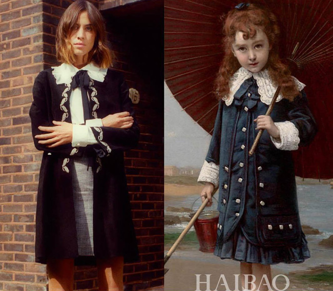 "Little Girl with Umbrella" thực hiện bởi Jules-Émile Saintin (1882) và Alexa Chung như diện chung một chiếc váy dù cách xa nhau cả không gian và thời gian dài.
