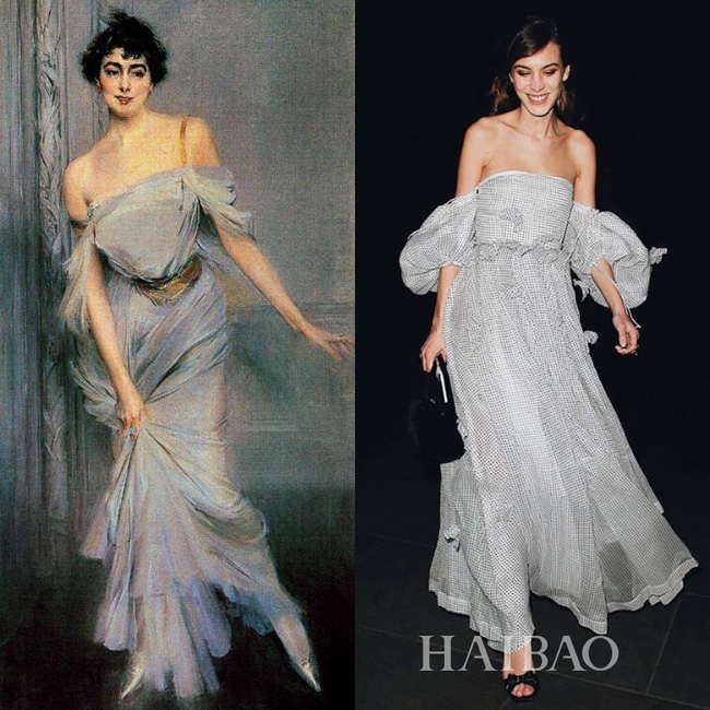 Alexa trong mẫu váy xám khoe bờ vai mềm mại và đầy ngọt ngào rất giống với bức họa "Madame Charles Max" của họa sĩ Giovanni Boldini (1896).
