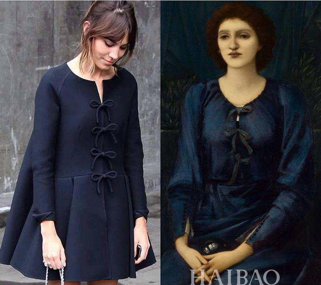 "Portrait of Baronne Madeleine Deslandes" vẽ bởi bàn tay tài hoa của Edward Burne-Jones (1895), cô gái mặc chiếc váy đen với những điểm nhấn nơ giống đến 90 % so với thiết kế của Valentino mà Alexa Chung diện.
