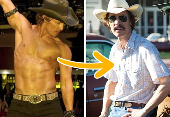 Matthew McConaughey phải giảm 18kg để tham gia bộ phim Dallas Buyers Club. Trong vòng 4 tháng, nam tài tử thực hiện chế độ ăn kiêng siêu ít calo với dinh dưỡng dạng lỏng và viên protein.
