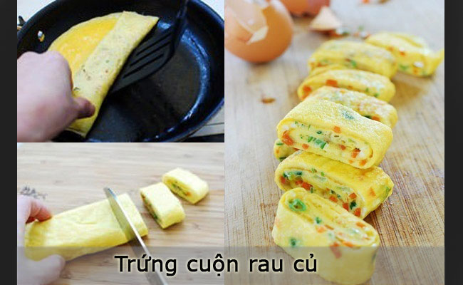 Chuẩn bị: 3 quả trứng gà, nửa củ cà rốt, 2 cây hành lá. Cách làm: Đập trứng vào bát đánh tan, bỏ hành lá cùng cà rốt cắt nhỏ vào hỗn hợp. Tráng trứng trên chảo có chút dầu ăn, khi trưng hơi se mặt thì dùng đũa cuộn lại. Đợi trứng nguội cắt ra bày trên đĩa. 
