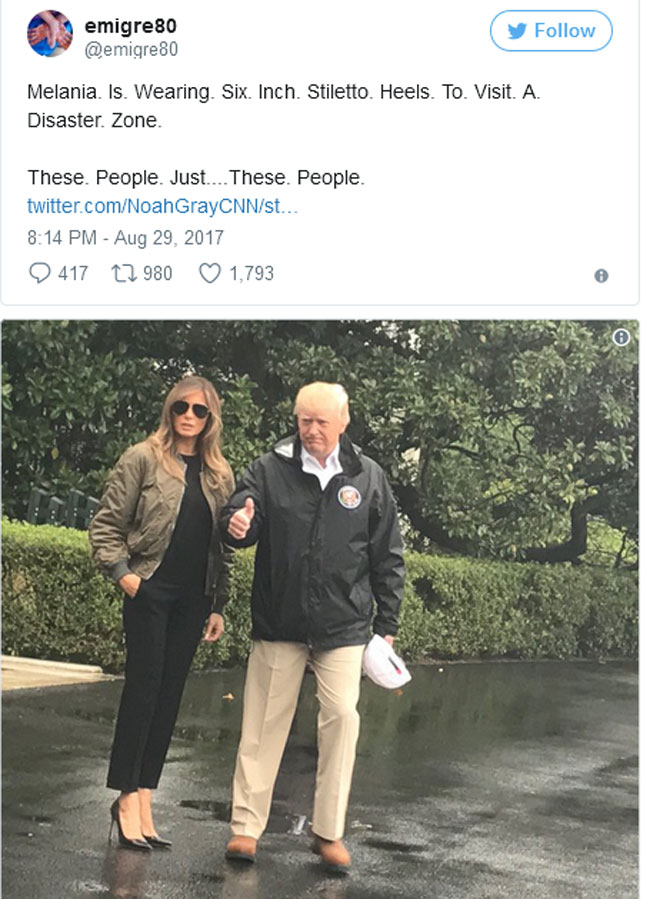 Đệ nhất phu nhân Mỹ Melania Trump bị mắng oan vì đi giày cao gót tới thăm vùng siêu bão - 5