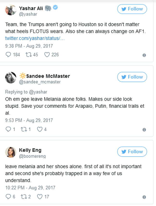 Đệ nhất phu nhân Mỹ Melania Trump bị mắng oan vì đi giày cao gót tới thăm vùng siêu bão - 8