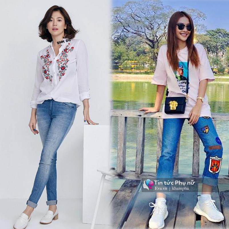 Quần jeans ống bó, phóng khoáng được Song Hye Kyo và Khả Ngân mê mẩn.
