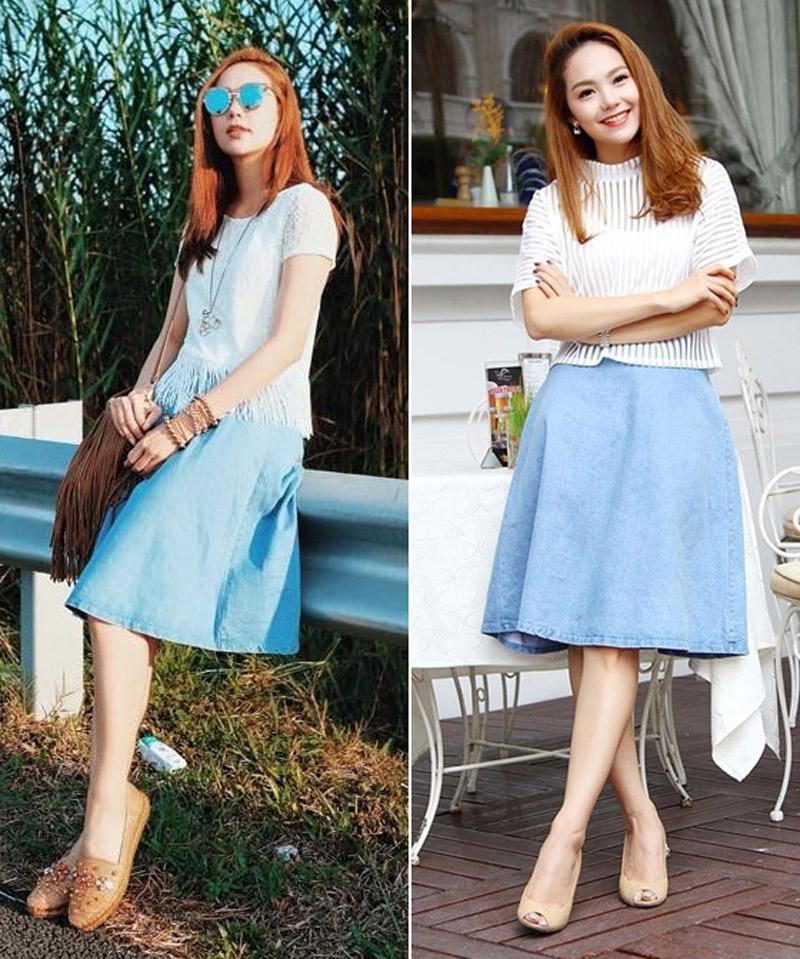 Minh Hằng rất yêu thích chiếc chân váy xanh pastel này. 

