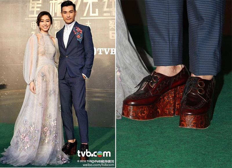 Nam diễn viên đình đám Hồng Kông, Trần Triển Bằng đã gây choáng váng khi sử dụng đôi giày cao gót có để được chạm khắc tinh xảo, thiết kế có chiều cao lên đến 10 phân. 

