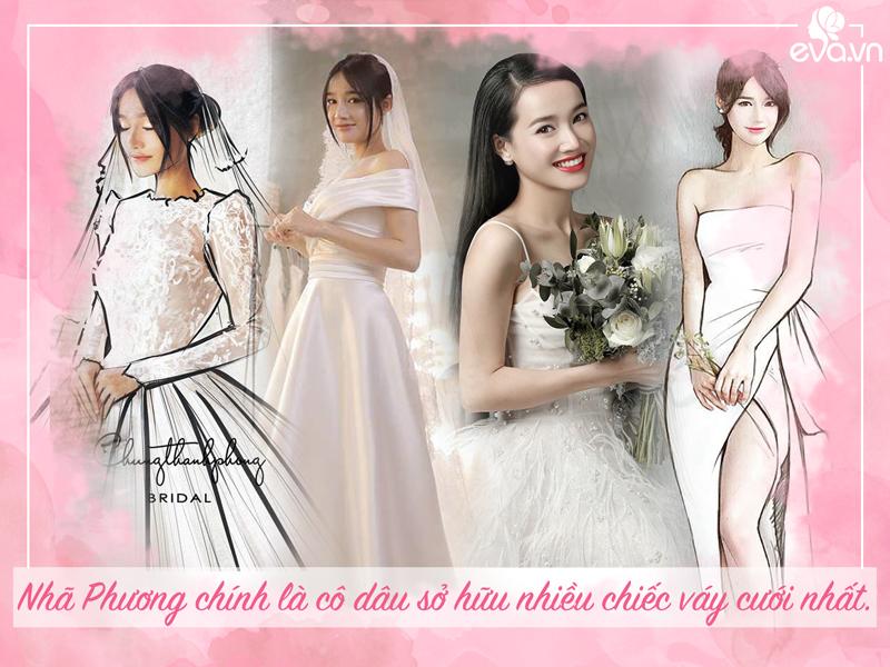 Nhã Phương chính là nàng dâu sở hữu nhiều chiếc váy cưới nhất, cô thay 3 mẫu váy đẹp như công chúa trong ngày cưới, và một chiếc váy ngắn diện trước đó cùng dép tổ ong cùng ông xã Trường Giang. 
