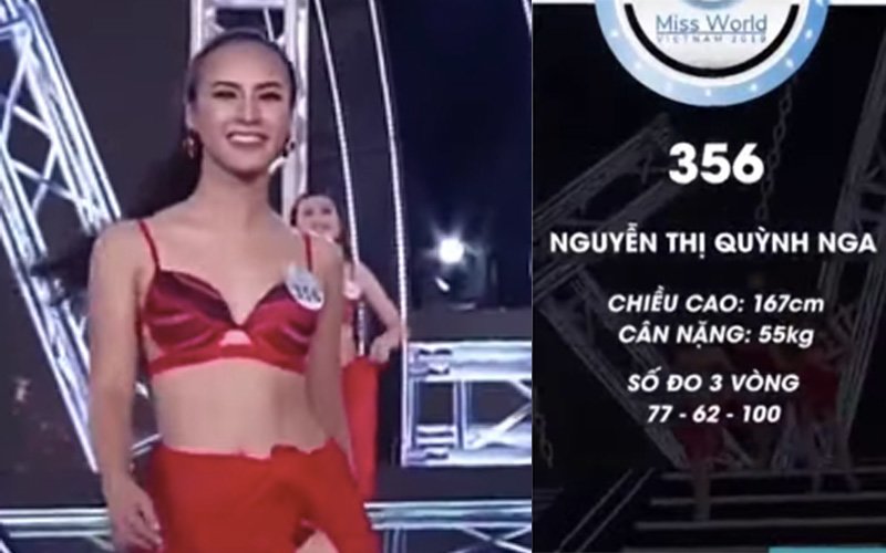 Trong đêm chung khảo phía Bắc của Miss World Việt Nam 2019, thí sinh Quỳnh Nga gây sốt với vòng ba vượt ngưỡng 1 mét của cô trong bộ bikini đỏ nóng bỏng. Nga sải bước tự tin phô diễn hình thể đẫy đà và luôn nở nụ cười tươi tắn. 
