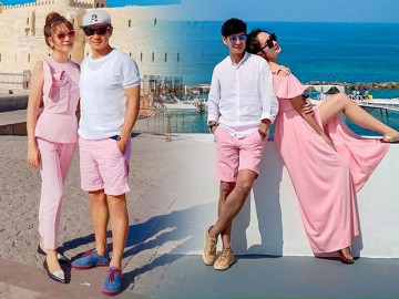 Ở tuổi U50, Lý Hải vẫn bất chấp diện đồ đôi màu hồng ngọt ngào cùng bà xã Minh Hà