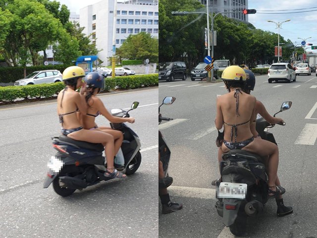 Hai cô gái mặc bikini hở từ trên xuống dưới, đèo nhau trên xe máy giữa trưa nắng