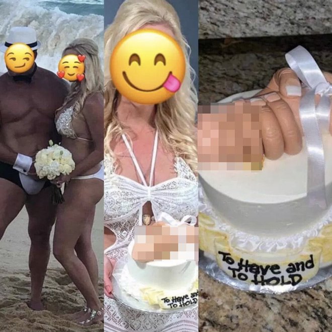 Cô dâu mặc bikini khiến quan khách bối rối, nhìn chiếc bánh cưới còn hốt hoảng hơn - 1