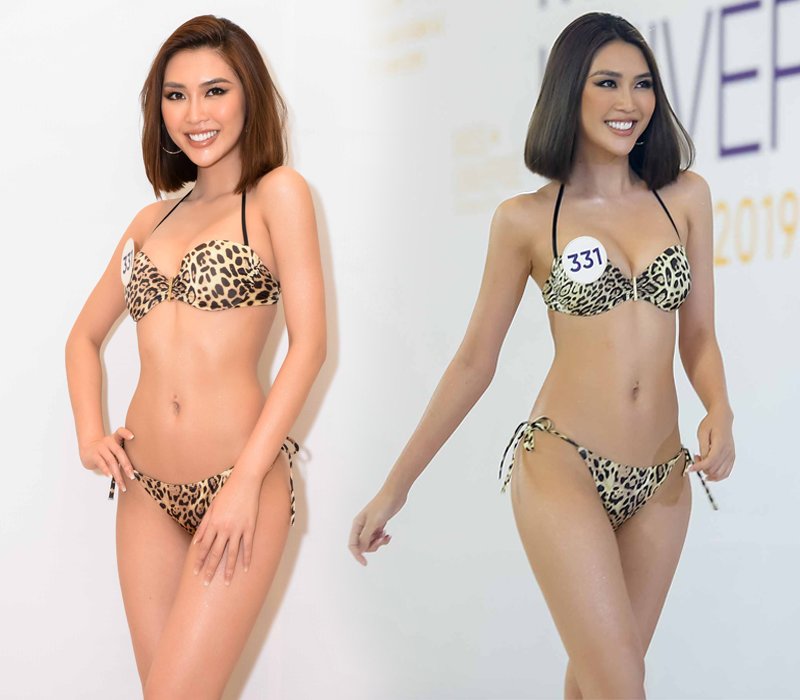 So với những thí sinh khác đều chọn bikini trơn màu, Tường Linh lại gây ấn tượng khi chọn bikini hai mảnh họa tiết da báo thời thượng. Body săn chắc và vòng eo 53cm của Hoa hậu sắc đẹp châu Á 2017 được phô diễn trong thiết kế này. 

