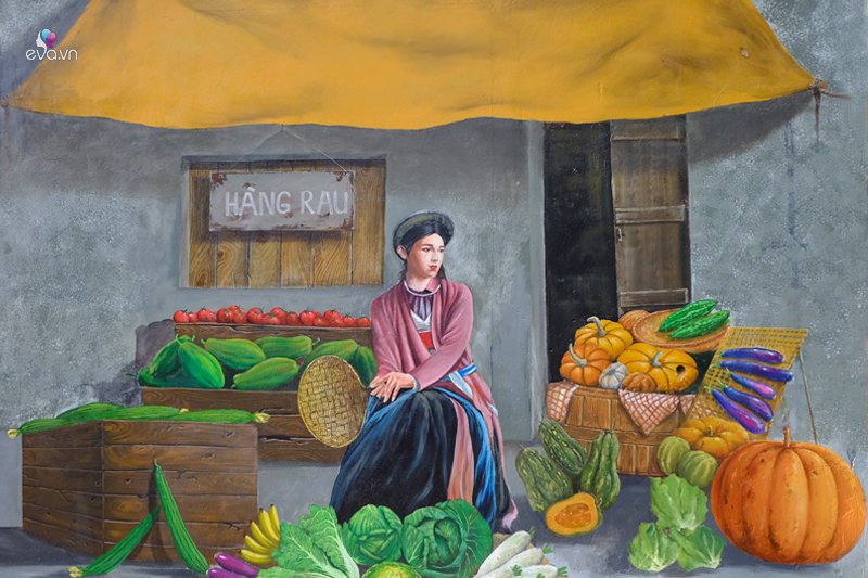 Bức tranh gợi lại một sạp rau thân quen với người dân ở thôn Chử Xá.
