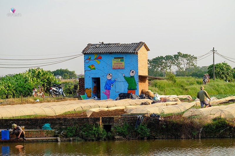 Chòi để dụng cụ lao động của người dân cũng trở nên vui mắt với hình các em bé đang thả diều.
