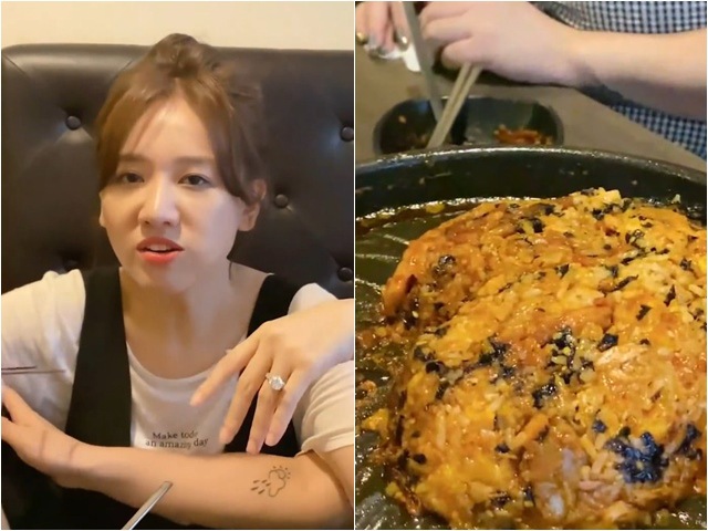 Hari Won gác chân ngồi ăn trong quán Hàn Quốc, còn khen món ăn mình tự nghĩ ra