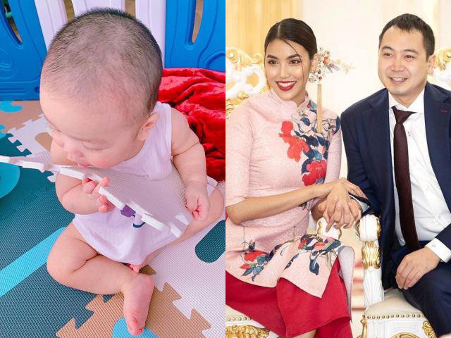 Con trai 8 tháng tuổi của Lan Khuê chụp góc nghiêng nào cũng cùng một khuôn với bố