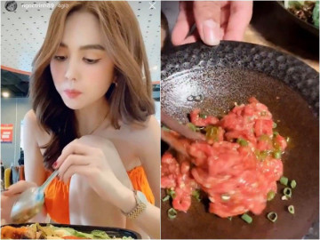 Ngọc Trinh ăn gỏi thịt bò sống đắt đỏ, nhiều người hãi hùng cho tiền cũng không dám thử