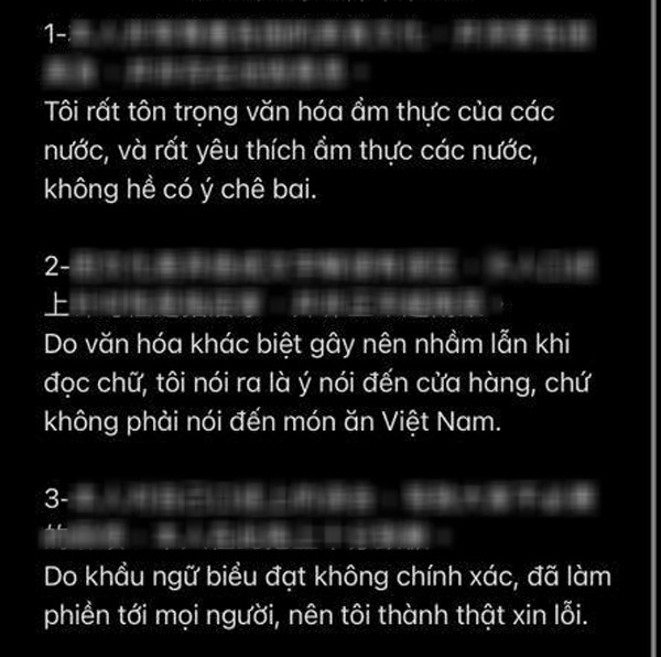  Lời xin lỗi của Silves Chao bằng cả tiếng Trung và tiếng Việt