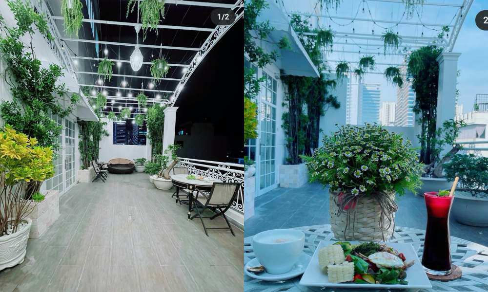 Sân thượng là nơi yêu thích của nữ đại gia kim cương. Khu vực này phủ đầy mảng xanh, tạo cảm giác thông thoáng và tươi mát. Mái hiên và hệ thống đèn dây tạo vùng ánh sáng rộng, hiệu ứng lung linh vào buổi tối. 