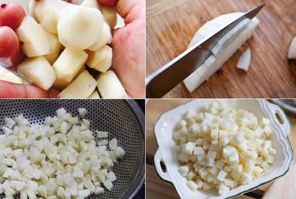 Củ năng gọt vỏ, thái hạt lựu, rửa sạch rồi để ráo bớt nước