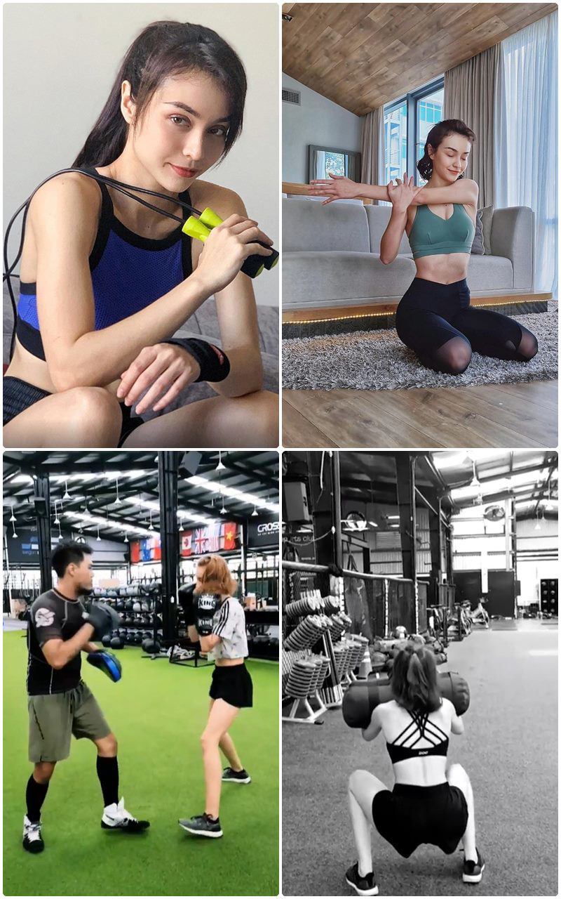 Trong thời gian giãn cách xã hội, không thể đến phòng gym hay khi không tập nhảy thì cô vẫn chăm chỉ vận động ở nhà. Cô trang bị thảm, dây nhảy, 2 chai nước suối để thực hiện một vài động tác thể lực đơn giản.