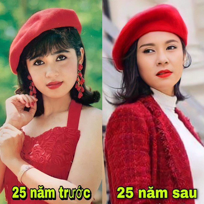 Mới đây Việt Trinh đăng tải tấm hình cùng đội một kiểu mũ, một màu và cách đội giống nhau nhưng cách nhau 25 năm. Cô được khen như không già đi.