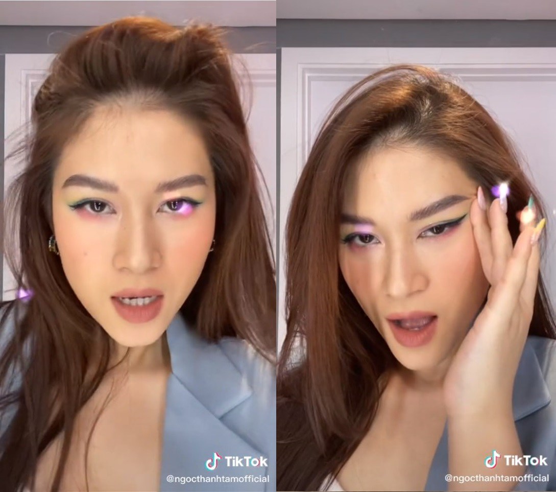 Cô chọn phấn mắt với bộ nails của mình tông xuyệt tông gam màu xanh, vàng tươi chuẩn nắng hè 2021. Với bầu mắt được tô dặm nổi bật, người đẹp chỉ chọn màu son nude trầm để giảm độ lòe loẹt, phù hợp hơn với áo blazer đang mặc.