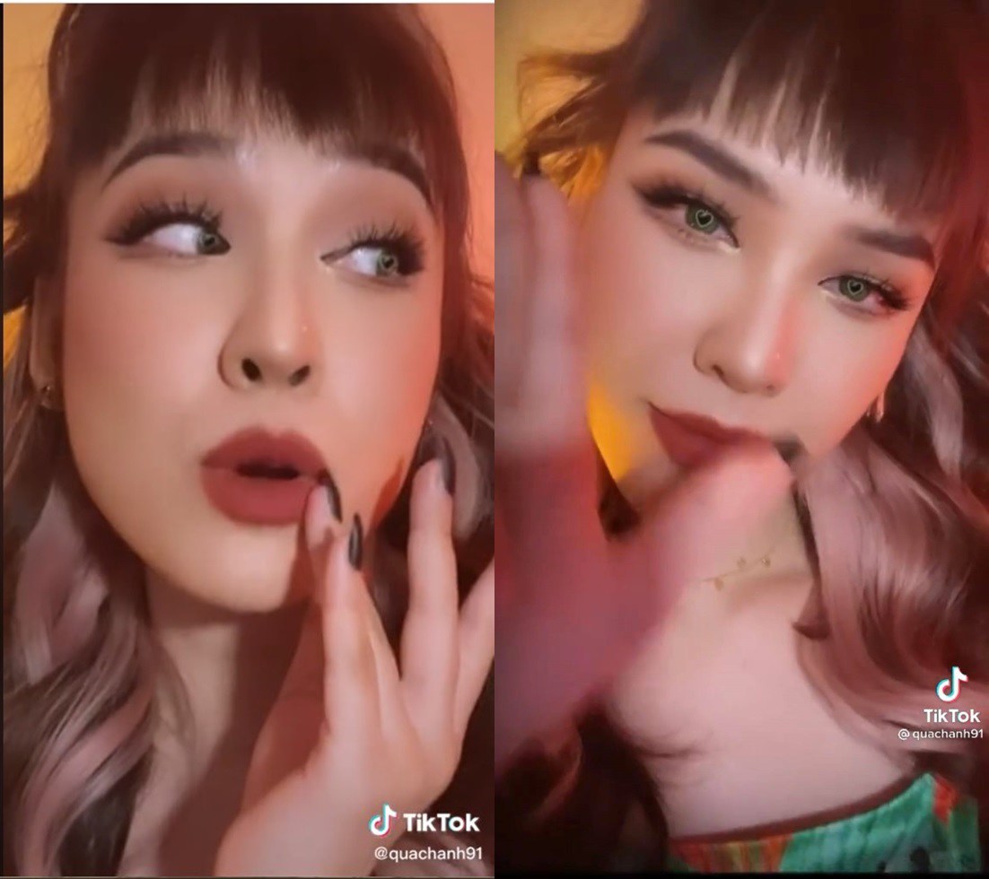 Thông tin cho những ai nghiện và mê make up là kể từ bài hát Build a Bitch của Bella Poarch thịnh hành, toàn dân đổ xô theo phong trào trang điểm thành barbie girl với mắt to, môi dày. Điểm nhấn khác lạ sẽ là màu lens mắt. Bạn có để ý lens của Quách Ánh có hình trái tim không?