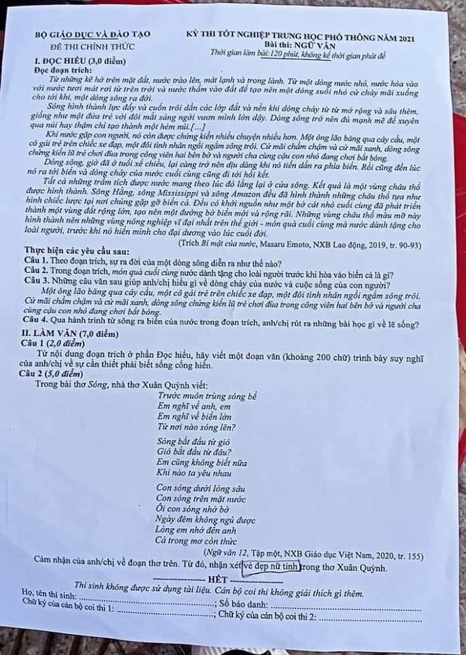 Đề thi môn Ngữ Văn của kỳ thi THPT 2021.