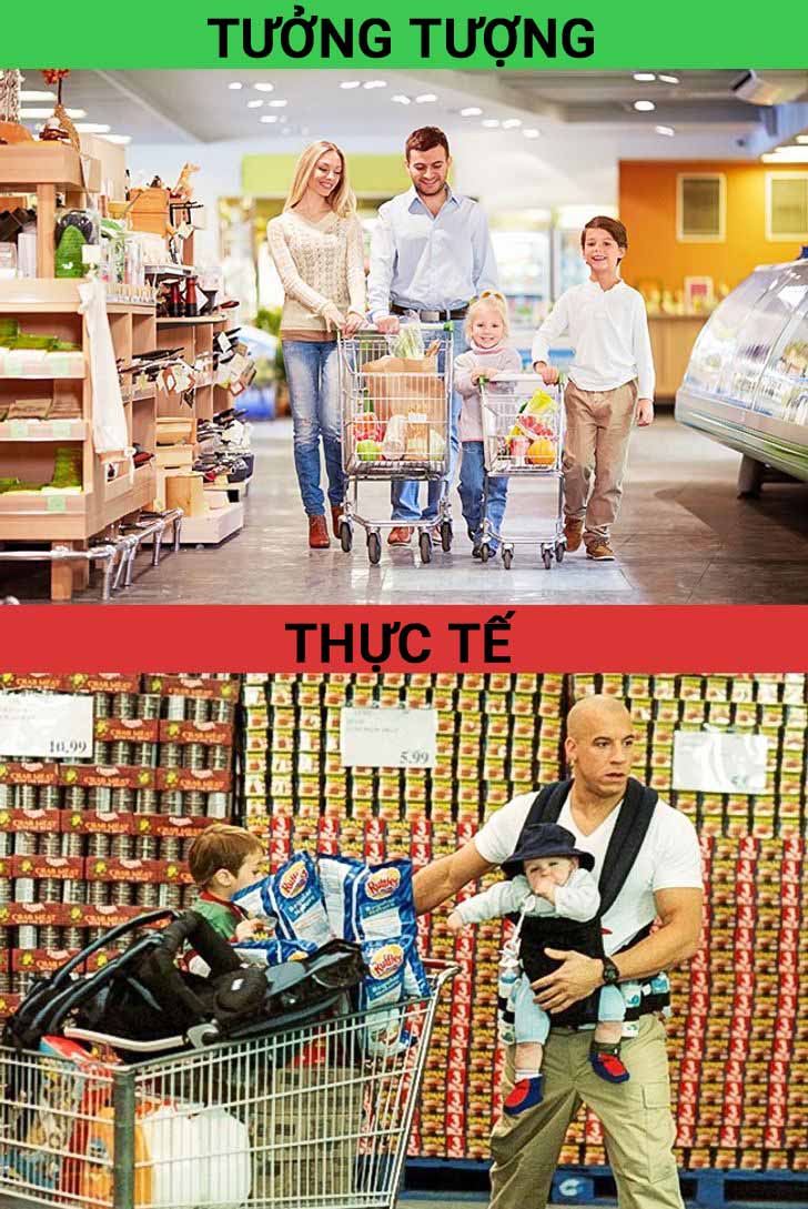 Cảnh cả gia đình đi siêu thị trên phim và ngoài đời.