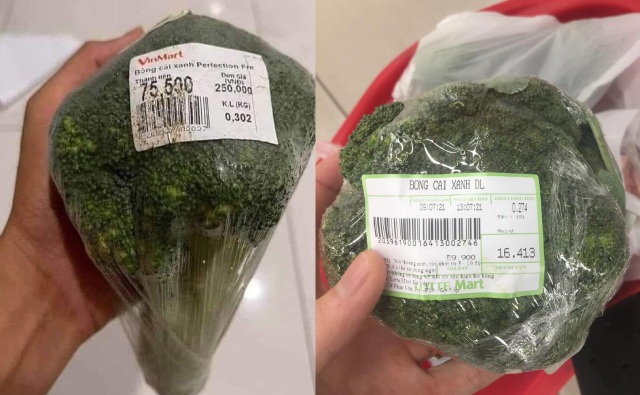 Bông cải xanh nhập khẩu (ảnh trái) có giá 250.000 đồng/kg và bông cải xanh Đà Lạt (ảnh phải) có giá 59.900 đồng/kg.