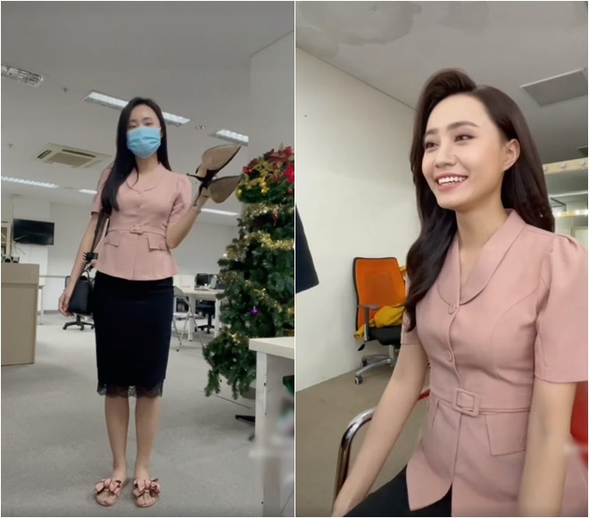 Sau khi thay trang phục, cô được make-up để chuẩn bị lên sóng.