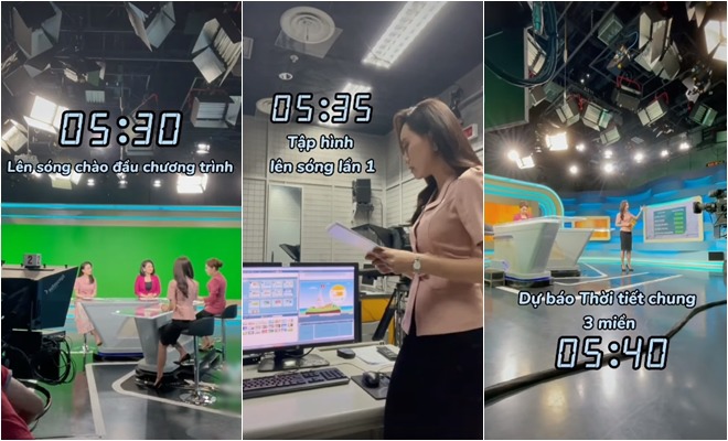 Sau khi lên sóng lời chào đầu chương trình vào lúc 5h30, Xuân Anh vào hậu trường để tập hình 5 phút trước khi dẫn Dự báo Thời tiết chung 3 miền.