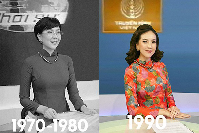 BTV Mai Ngọc còn bất ngờ tái hiện hình ảnh MC thời sự VTV trong vòng 50 năm qua chùm ảnh đặc biệt.
