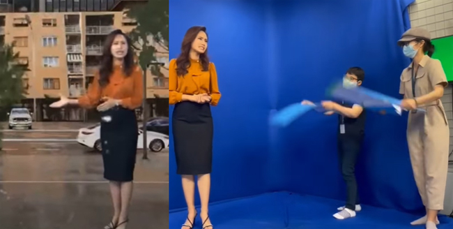 Để lên hình tạo cảm giác như MC dự báo thời tiết đứng giữa khung cảnh mưa bão, phía nhân viên hậu trường phải nỗ lực tạo hiệu ứng giả.