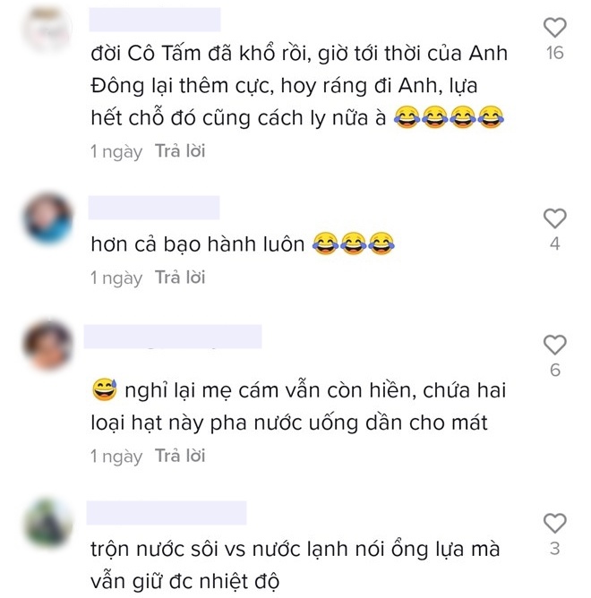 Fan cười sặc: Đời cô Tấm đã khổ rồi, giờ tới thời của anh Đông lại thêm cực, Nghĩ lại mẹ Cám vẫn còn hiền, chứ 2 loại này pha nước uống dần cho mát, Hơn cả bạo hành luôn (Cười), Trộn nước sôi với nước lạnh nói ổng lựa mà vẫn giữ được nhiệt độ, Kiểu này hết dịch không biết lựa xong chưa...