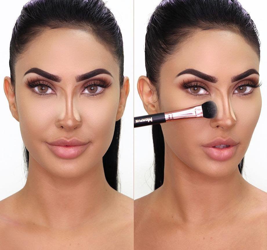 Đánh khối mũi không phải cứ kẻ 2 hàng nâu đậm là có thể cho chiếc mũi bé lại mà bạn còn cần đến phấn sáng hơn để đánh vào phần xương mũi nhằm hack thị giác người nhìn ở góc chính diện.