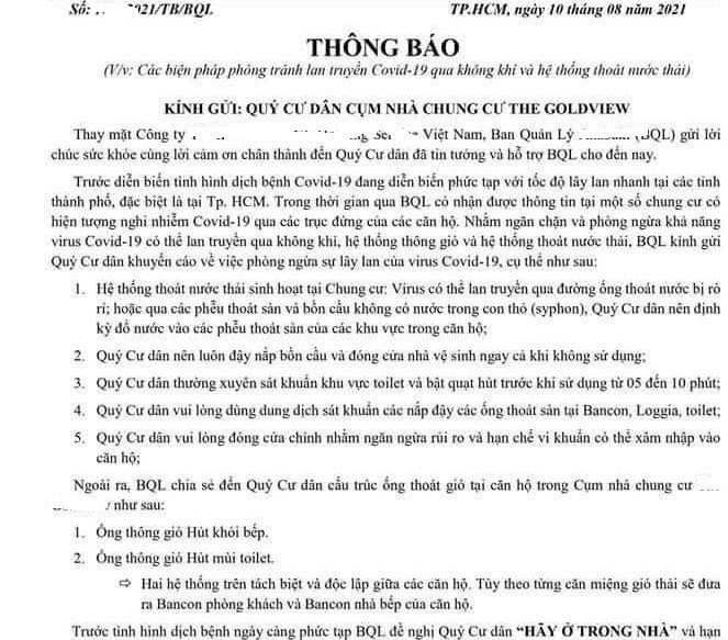 BQL một khu chung cư tại TP. HCM gửi khuyến cáo đến các hộ dân về việc phòng tránh lan truyền virus qua không khí và hệ thống thoát nước sàn.