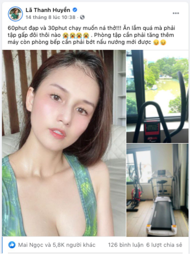 Phòng tập của cô nàng hiện tại được trưng bị với 1 chiếc máy đạp trượt truyết và 1 chiếc máy chạy. Bà mẹ 1 con than thở: 60 phút đạp và 30 phút chạy muốn ná thở! Ăn lắm quá mà phải tập gấp đôi thôi nào. Phòng tập cần phải tăng thêm máy còn phòng bếp cần phải bớt nấu mới được.