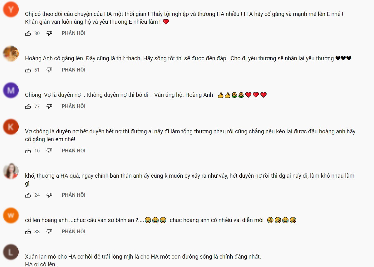 Bên dưới video chương trình của Xuân Lan, nhiều khán giả cảm thông cho diễn viên Hoàng Anh.