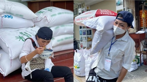 Hình ảnh Phương Thanh ăn vội bát mì và vác gạo giúp đỡ nhiều người dân khó khăn đã gây xúc động trên mạng xã hội.