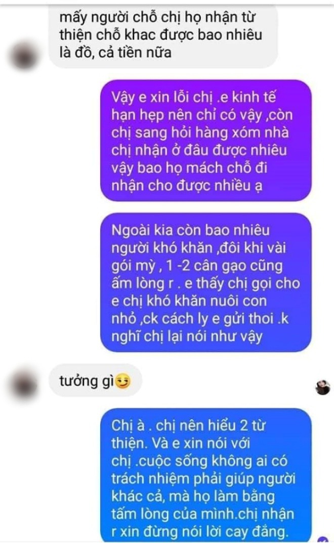 Thậm chí cô gái còn so sánh nhóm từ thiện khác cho nhiều, có cả tiền mặt khiến bao người phẫn nộ.