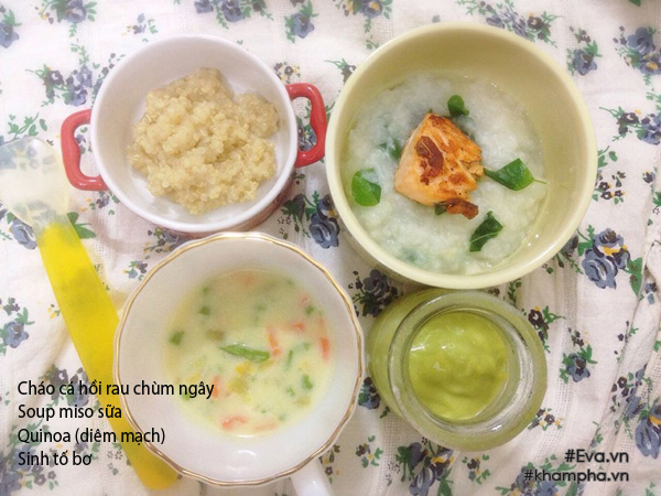 Cháo cá hồi rau chùm ngây, soup miso sữa, quinoa, và sinh tố bơ