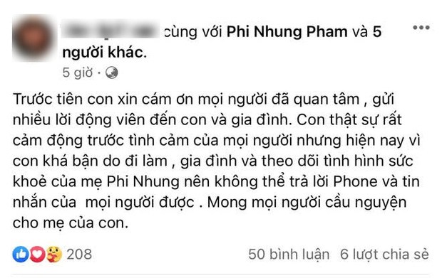 Con gái của Phi Nhung cũng chia sẻ cảm ơn đến mọi người trên trang cá nhân.