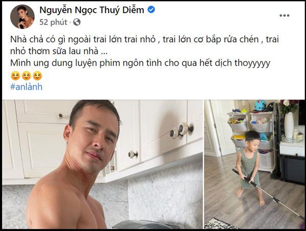 Thúy Diễm hạnh phúc khoe chồng cơ bắp cuồn cuộn đứng rửa chén, con trai lau nhà giúp mẹ - 3