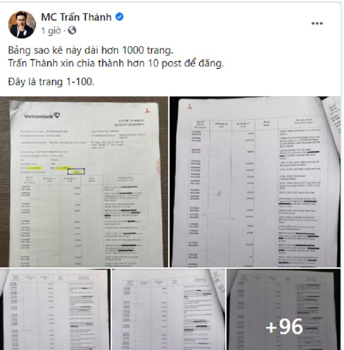 Ban đầu, Trấn Thành thông tin rằng: “Bảng sao kê dài hơn 1.000 trang. Trấn Thành xin chia thành hơn 10 post để đăng. Đây là trang 1-100”. (Ảnh chụp màn hình)