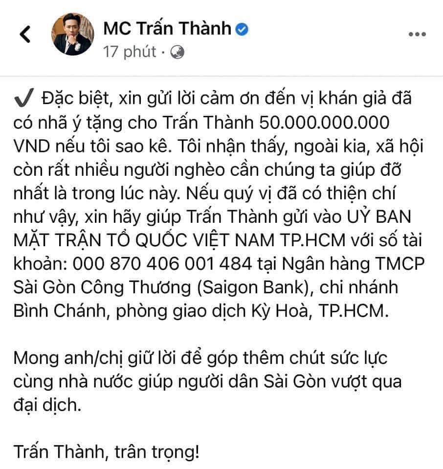Sau khi đăng sao kê, nam MC cho biết sẽ chuyển 50 tỷ đồng nếu nhận được của nữ đại gia về Uỷ ban Mặt trận Tổ quốc Việt Nam để giúp đỡ người dân vuợt qua dịch bệnh.